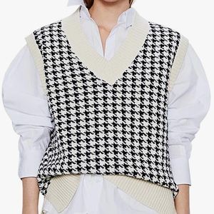 Oversized Houndstooth Knitted Vest Sweater V Neck Loose Sleeveless Sweater Small